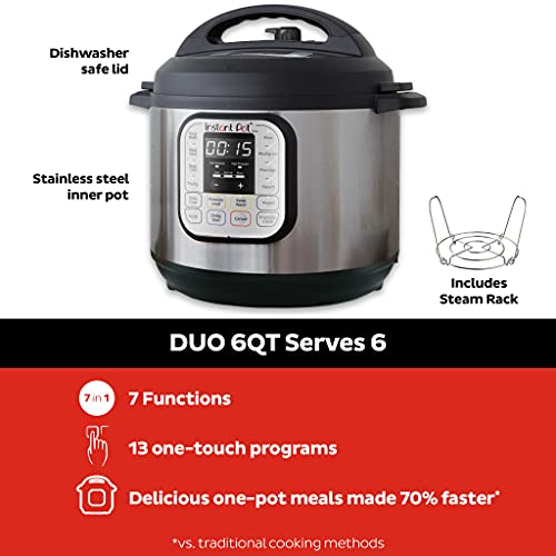 Instant Pot Duo 7-in-1 Electric Pressure Cooker, Slow Cooker, Rice Cooker, Steamer, Sauté, Yogurt Maker, Warmer & Sterilizer, 6 Quart, Stainless Steel/Black