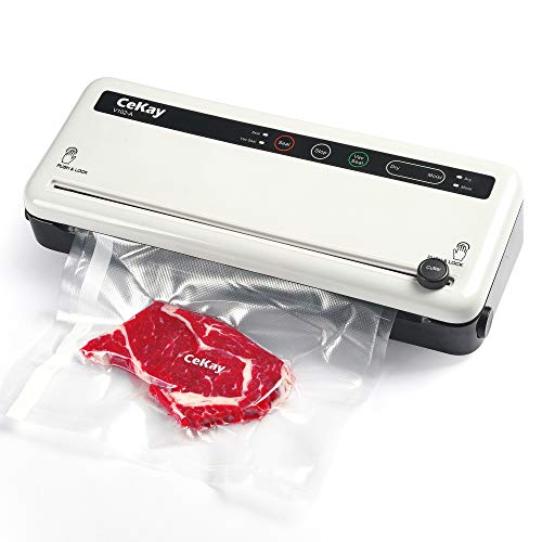 CeKay Vacuum Sealer Machine For Food Storage, Automatic Vacuum Air Sealing System For Food Preservation With One Roll Starter Kit, Dry & Moist Food Modes, Built-in Bag Storage & Cutter, Compact Design