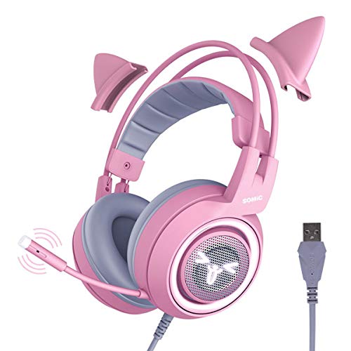 SOMIC G951pink Gaming Headset for PC, PS4, Laptop: 7.1 Virtual Surround Sound Detachable Cat Ear Headphones LED, USB, Lightweight Self-Adjusting Over Ear Headphones for Girlfriend Women