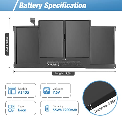 RayHom A1466 Laptop Replacement Battery for MacBook Air 13 inch A1466 (Mid 2012,Mid 2013,Early 2014, Early 2015,2017) A1369(Late 2010,Mid 2011 Version) High Performance 7200mAh fits A1496 A1405 A1377