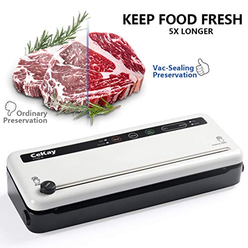 CeKay Vacuum Sealer Machine For Food Storage, Automatic Vacuum Air Sealing System For Food Preservation With One Roll Starter Kit, Dry & Moist Food Modes, Built-in Bag Storage & Cutter, Compact Design