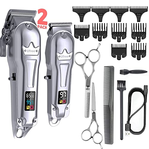 Ufree Hair Clippers for Men + T-Blade Trimmer Kit, Professional Hair Cutting Kit Beard Trimmer Barbers Clippers for Men Women Kids Clipper Set Cordless & LED Display (Silver)