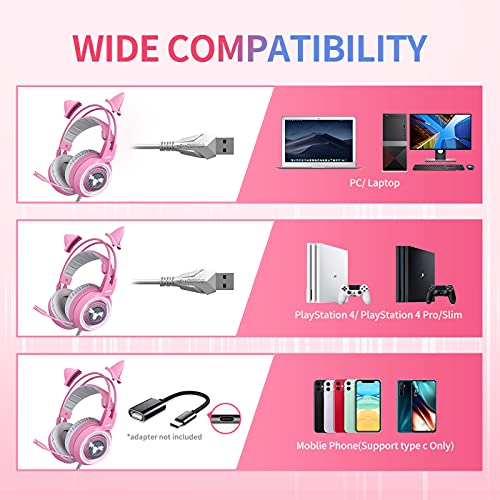 SOMIC G951pink Gaming Headset for PC, PS4, Laptop: 7.1 Virtual Surround Sound Detachable Cat Ear Headphones LED, USB, Lightweight Self-Adjusting Over Ear Headphones for Girlfriend Women