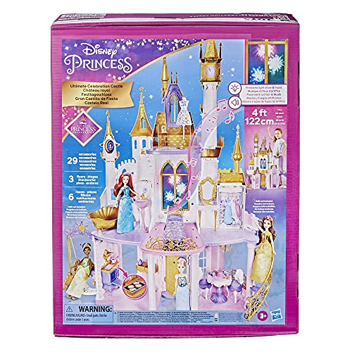 Disney Princess Ultimate Celebration Castle, 4 Feet Tall Doll House with Furniture and Accessories, Musical Fireworks Light Show, Toy for Girls 3 and Up