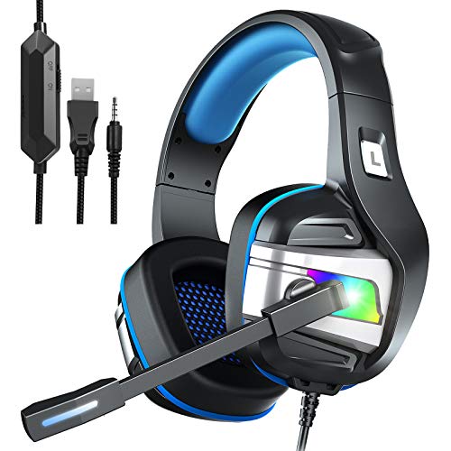 YJY Gaming Headset for PS4 PC Xbox One Over Ear Headphones with Mic LED Light Bass Surround Controller Noise Cancelling Soft Memory Earmuffs for Laptop Mac Nintendo Switch Games (Large)