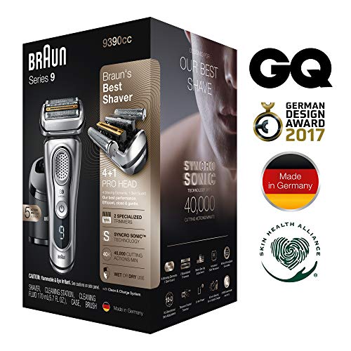 Braun Electric Razor for Men, Series 9 9390cc, Precision Beard Trimmer, Rechargeable, Cordless, Wet & Dry Foil Shaver, Clean & Charge Station & Leather Travel Case, Silver