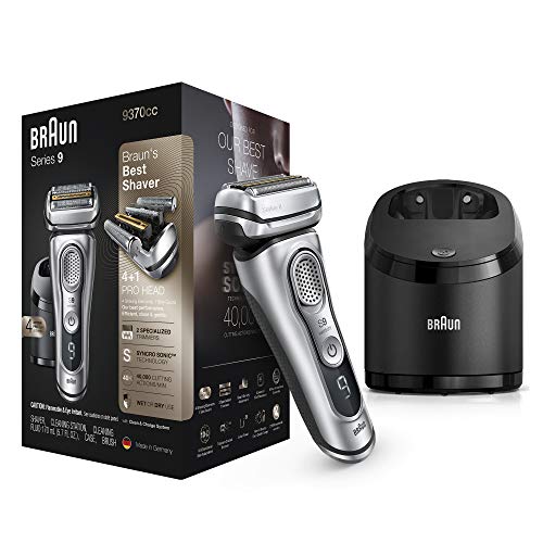 Braun Electric Razor for Men With Precision Beard Trimmer, Rechargeable, Wet & Dry Foil Shaver, Clean & Charge Station & Travel Case, Silver, 3 Piece Set