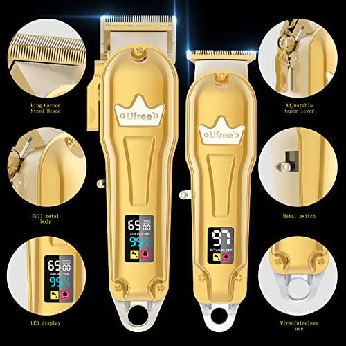 Ufree Hair Clippers for Men + T-Blade Trimmer Kit, Professional Hair Cutting Kit Beard Trimmer Barbers Clippers for Men Women Kids Clipper Set Cordless & LED Display (Gold)