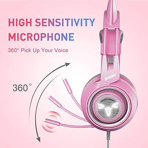 SOMIC G951pink Gaming Headset for PC, PS4, Laptop: 7.1 Virtual Surround Sound Detachable Cat Ear Headphones LED, USB, Lightweight Self-Adjusting Over Ear Headphones for Girlfriend Women