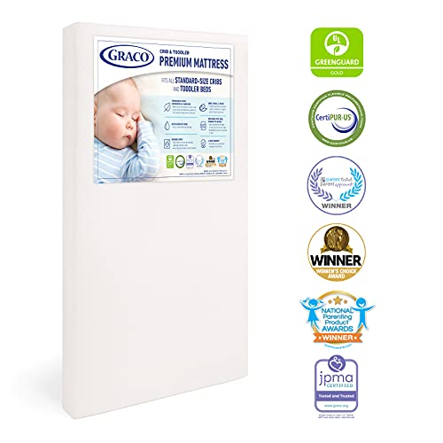 Graco Premium Foam Crib & Toddler Mattress – 2021 Edition, GREENGUARD Gold and CertiPUR-US Certified, 100% Machine Washable, Breathable, Water-Resistant Cover, Ideal Firmness for Infants