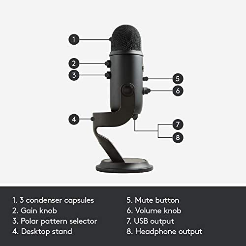 Blue Yeti USB Mic for Recording and Streaming on PC and Mac, Blue VO!CE Effects, 4 Pickup Patterns, Headphone Output and Volume Control, Mic Gain Control, Adjustable Stand, Plug and Play – Blackout