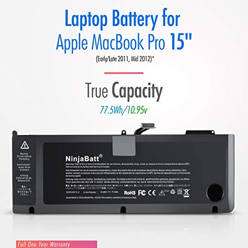 NinjaBatt Battery A1286 A1382 for Apple MacBook Pro 15" [ONLY for Early/Late 2011 2012] - Long Lasting [10.95V/77.5Wh]