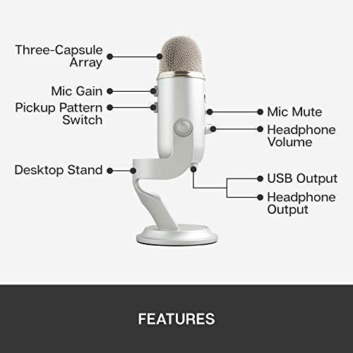Blue Yeti USB Mic for Recording & Streaming on PC and Mac, 3 Condenser Capsules, 4 Pickup Patterns, Headphone Output and Volume Control, Mic Gain Control, Adjustable Stand, Plug & Play - Silver
