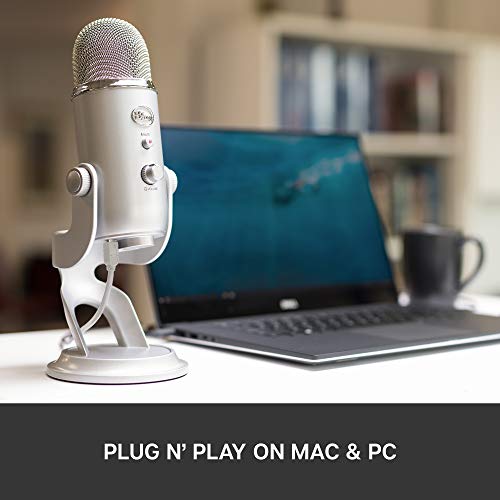 Blue Yeti USB Mic for Recording & Streaming on PC and Mac, 3 Condenser Capsules, 4 Pickup Patterns, Headphone Output and Volume Control, Mic Gain Control, Adjustable Stand, Plug & Play - Silver