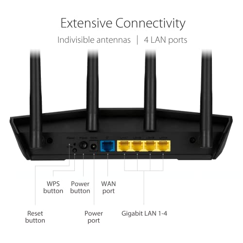 ASUS AX1800 WiFi 6 Router (RT-AX1800S) – Dual Band Gigabit AX Wireless Internet Router, 4 GB Ports, Easy App Setup, Subscription-Free Internet Security Powered by Trend Micro, Parental Controls, WPS