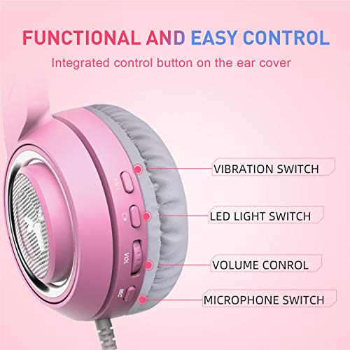 SOMIC G951pink Gaming Headset for PC, PS4, Laptop: 7.1 Virtual Surround Sound Detachable Cat Ear Headphones LED, USB, Lightweight Self-Adjusting Over Ear Headphones for Girlfriend Women