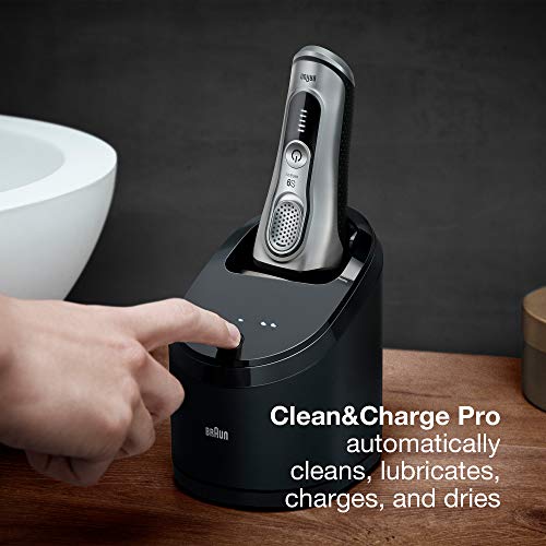 Braun Electric Razor for Men, Series 9 9390cc, Precision Beard Trimmer, Rechargeable, Cordless, Wet & Dry Foil Shaver, Clean & Charge Station & Leather Travel Case, Silver