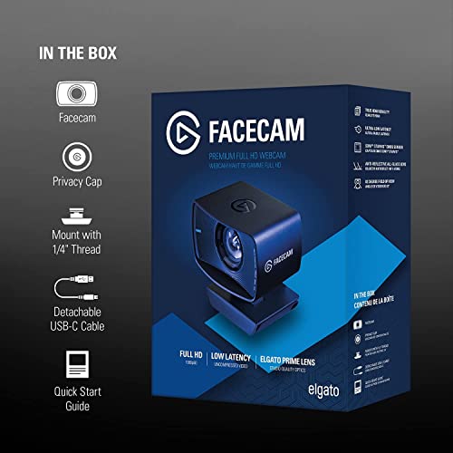 Elgato Facecam - 1080p60 Full HD Webcam for Video Conferencing, Gaming, Streaming, Sony Sensor, Fixed-Focus Glass Lens, Optimized for Indoor Lighting, Onboard Memory, Works with Zoom, Teams, PC/Mac
