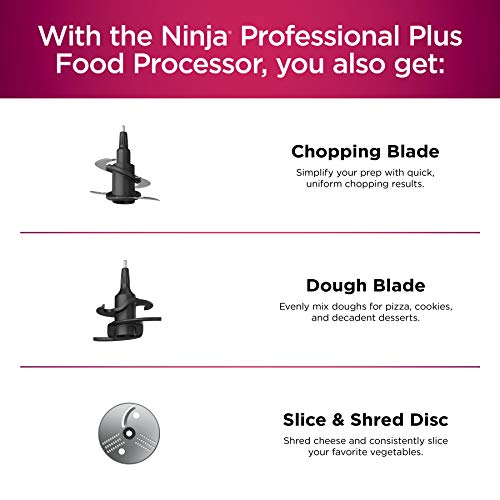 Ninja BN601 Procesador de alimentos Professional, 1000 vatios máximos, 4 funciones para cortar, rebanar, purés y masa con 72 oz. Cuenco procesador, 3 cuchillas, conducto de alimentos y empujador,