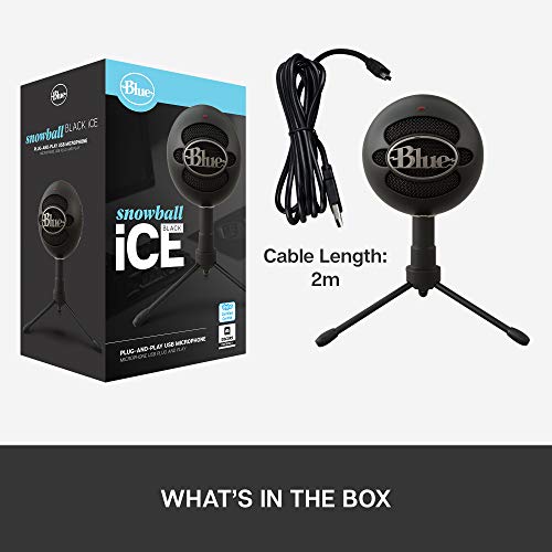 Blue Snowball iCE Plug 'n Play USB Microphone for Recording, Streaming, Podcasting, Gaming on PC and Mac, with Cardioid Condenser Capsule, Adjustable Desktop Stand and USB Cable - Black