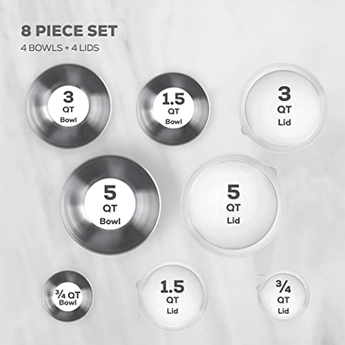 Double Wall Stainless Steel Mixing Bowls with Airtight Lids (Set of 4) Nesting Bowls for Space Saving Storage - Non-Slip Bottoms for Stability - Mixing Bowl Set For Cooking, Baking & Food Storage.