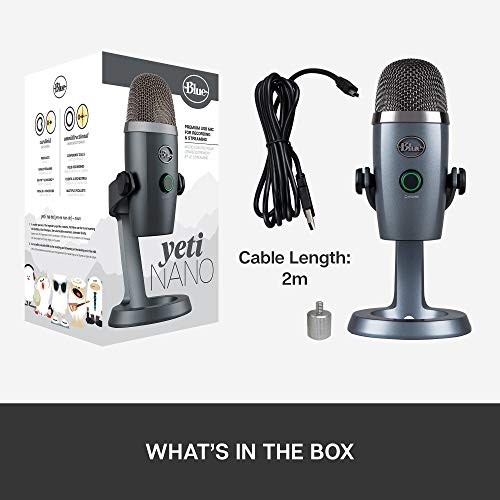 Blue Yeti Nano Premium USB Microphone for Recording, Streaming, Gaming, Podcasting on PC and Mac, Condenser Mic with Blue VO!CE Effects, Cardioid and Omni, No-Latency Monitoring - Shadow Grey