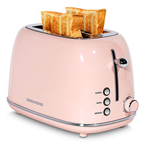 REDMOND - Tostadora de 2 rebanadas de acero inoxidable retro para bagel, cancelación, función de descongelación y 6 ajustes de sombra de pan, ranura extra ancha y bandeja extraíble para migas, rosa, ST028