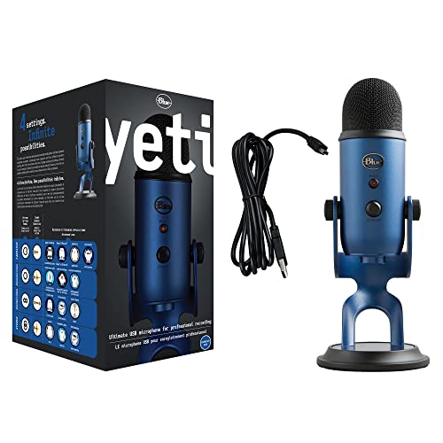 Blue Yeti USB Mic for Recording and Streaming on PC and Mac, Blue VO!CE Effects, 4 Pickup Patterns, Headphone Output and Volume Control, Adjustable Stand, Plug and Play – Midnight Blue