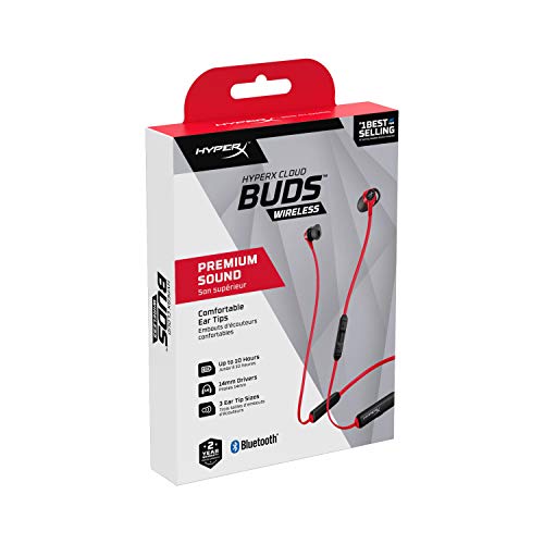HyperX Cloud Buds – Bluetooth Wireless Headphones, Qualcomm aptX HD, 10 Hour Battery Life, 14mm Drivers, Comfortable Silicone Ear Tips, 3 Ear Tip Sizes Included, Mesh Travel Pouch