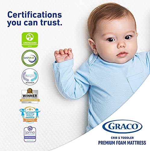 Graco Premium Foam Crib & Toddler Mattress – 2021 Edition, GREENGUARD Gold and CertiPUR-US Certified, 100% Machine Washable, Breathable, Water-Resistant Cover, Ideal Firmness for Infants