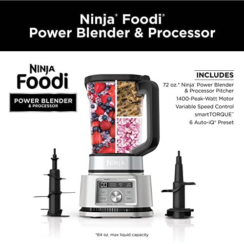 Ninja Foodi SS201 - Licuadora de potencia y procesador de alimentos 3 en 1, mezclador de masa y procesador de alimentos 1400WP smartTORQUE 6 preajustes Auto-iQ