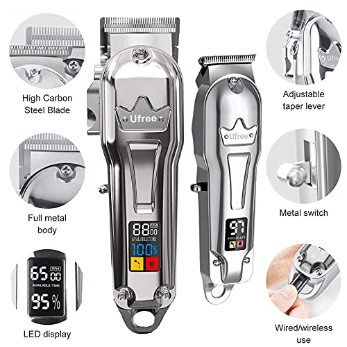 Ufree Hair Clippers for Men + T-Blade Trimmer Kit, Professional Hair Cutting Kit Beard Trimmer Barbers Clippers for Men Women Kids Clipper Set Cordless & LED Display (Silver)
