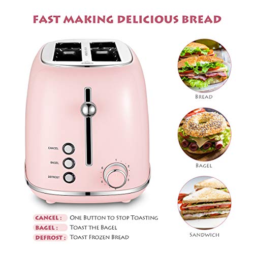 REDMOND - Tostadora de 2 rebanadas de acero inoxidable retro para bagel, cancelación, función de descongelación y 6 ajustes de sombra de pan, ranura extra ancha y bandeja extraíble para migas, rosa, ST028