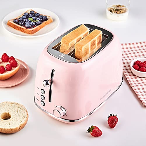 REDMOND - Tostadora de 2 rebanadas de acero inoxidable retro para bagel, cancelación, función de descongelación y 6 ajustes de sombra de pan, ranura extra ancha y bandeja extraíble para migas, rosa, ST028