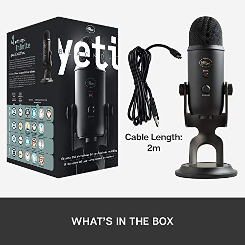 Blue Yeti USB Mic for Recording and Streaming on PC and Mac, Blue VO!CE Effects, 4 Pickup Patterns, Headphone Output and Volume Control, Mic Gain Control, Adjustable Stand, Plug and Play – Blackout