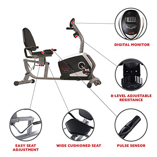Bicicleta Fija Sunny Health & Fitness reclinable y magnética con monitor de frecuencia
