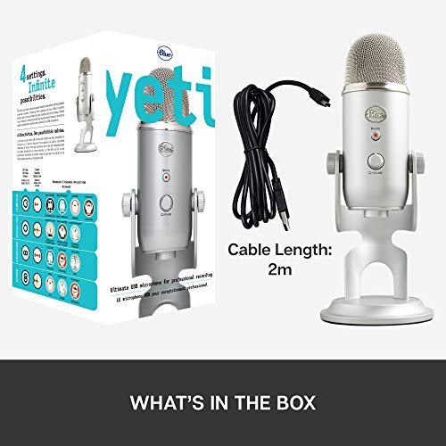 Blue Yeti USB Mic for Recording & Streaming on PC and Mac, 3 Condenser Capsules, 4 Pickup Patterns, Headphone Output and Volume Control, Mic Gain Control, Adjustable Stand, Plug & Play - Silver