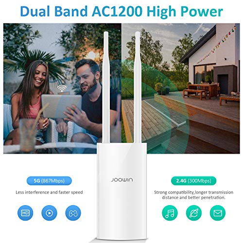 JOOWIN AC1200 High Power Outdoor Wireless Access Point with Poe, 2.4GHz 300Mbps or 5.8GHz 867Mbps Dual Band 802.11AC Wireless WiFi Access Points/Router/Bridge/Repeater, Used for Outdoor WiFi Coverage