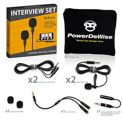 Juego de micrófonos de solapa Lavalier de grado profesional para doble entrevista PowerDeWise