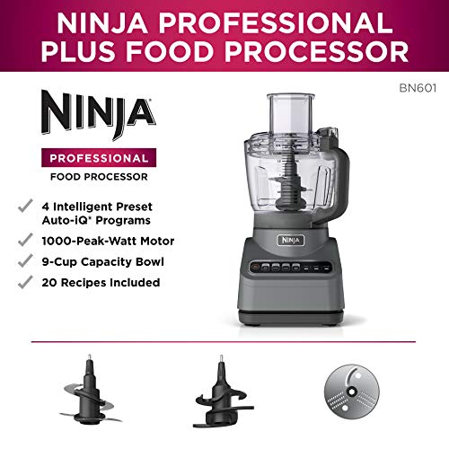 Ninja BN601 Procesador de alimentos Professional, 1000 vatios máximos, 4 funciones para cortar, rebanar, purés y masa con 72 oz. Cuenco procesador, 3 cuchillas, conducto de alimentos y empujador,