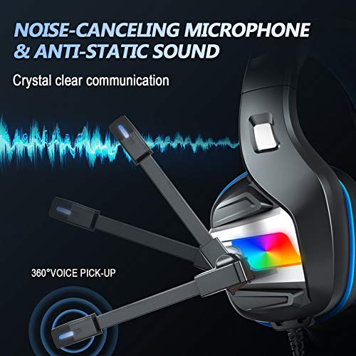 YJY Gaming Headset for PS4 PC Xbox One Over Ear Headphones with Mic LED Light Bass Surround Controller Noise Cancelling Soft Memory Earmuffs for Laptop Mac Nintendo Switch Games (Large)