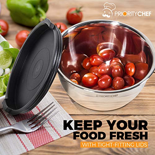 PriorityChef Premium Mixing Bowls With Lids, Inner Measurement Marks and Thicker Stainless Steel 5 Pc Bowl Set, Sizes 1.5/2/3/4/5 Qt