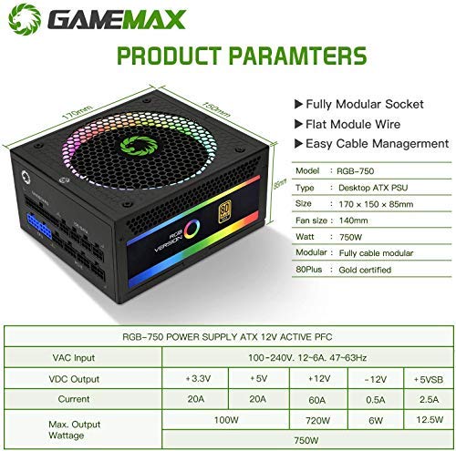 Power Supply 750W Fully Modular 80+ Gold Certified with ARGB Light Mode, G750-RGB