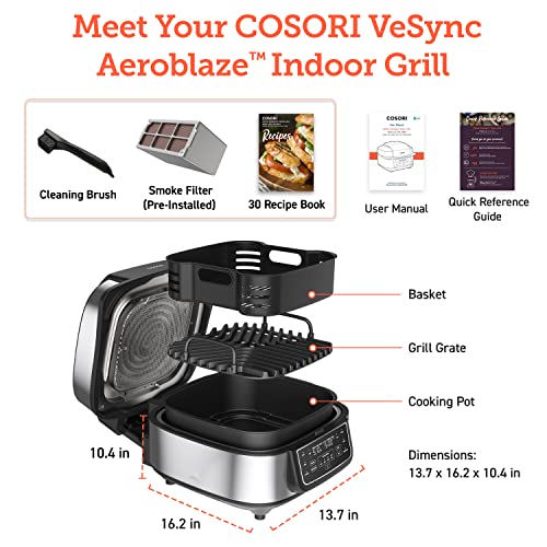 COSORI Indoor Grill & Smart XL Air Fryer Combo Aeroblaze, 8-in-1, 6QT, Grill, Broil, Roast, Bake, Crisp, Dehydrate, Preheat & Shake Remind & Keep Warm, Works with Alexa & Google Assistant, Black