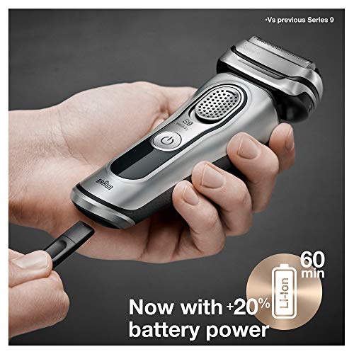 Braun Electric Razor for Men, Series 9 9390cc, Precision Beard Trimmer, Rechargeable, Cordless, Wet & Dry Foil Shaver, Clean & Charge Station & Leather Travel Case, Silver