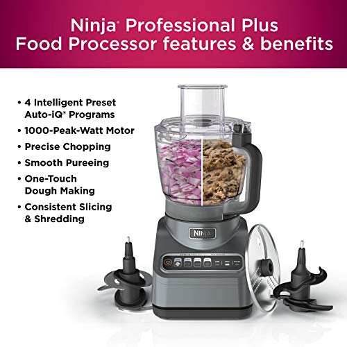 Ninja BN601 Procesador de alimentos Professional, 1000 vatios máximos, 4 funciones para cortar, rebanar, purés y masa con 72 oz. Cuenco procesador, 3 cuchillas, conducto de alimentos y empujador,