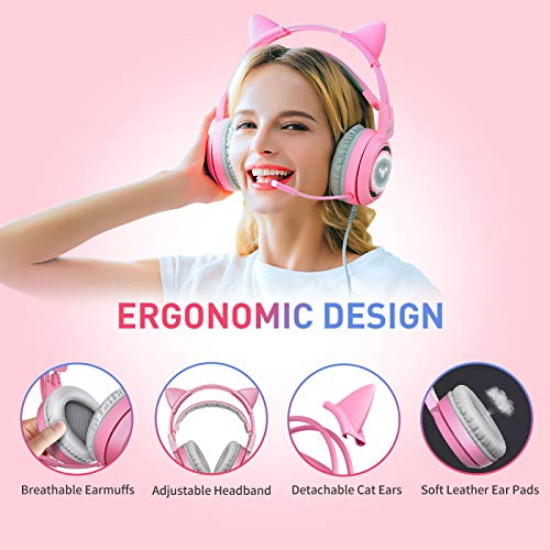 SOMIC G951pink Gaming Headset for PC, PS4, Laptop: 7.1 Virtual Surround Sound Detachable Cat Ear Headphones LED, USB, Lightweight Self-Adjusting Over Ear Headphones for Girlfriend Women