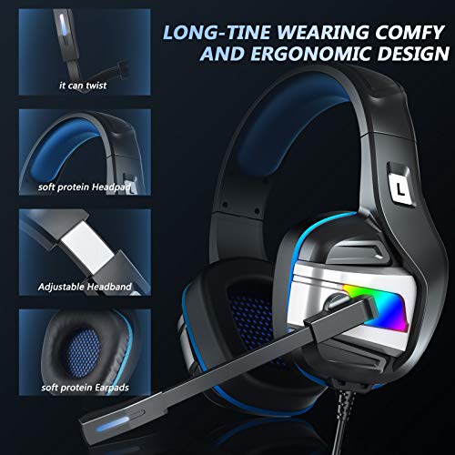 YJY Gaming Headset for PS4 PC Xbox One Over Ear Headphones with Mic LED Light Bass Surround Controller Noise Cancelling Soft Memory Earmuffs for Laptop Mac Nintendo Switch Games (Large)