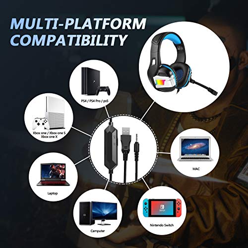 YJY Gaming Headset for PS4 PC Xbox One Over Ear Headphones with Mic LED Light Bass Surround Controller Noise Cancelling Soft Memory Earmuffs for Laptop Mac Nintendo Switch Games (Large)