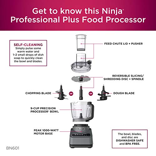 Ninja BN601 Procesador de alimentos Professional, 1000 vatios máximos, 4 funciones para cortar, rebanar, purés y masa con 72 oz. Cuenco procesador, 3 cuchillas, conducto de alimentos y empujador,